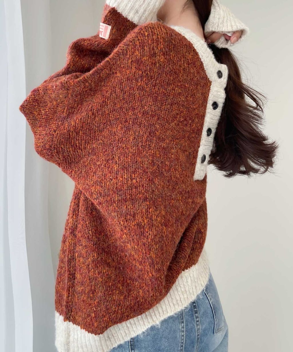 java 前後兩穿復古混紗保暖亨利領針織上衣_22