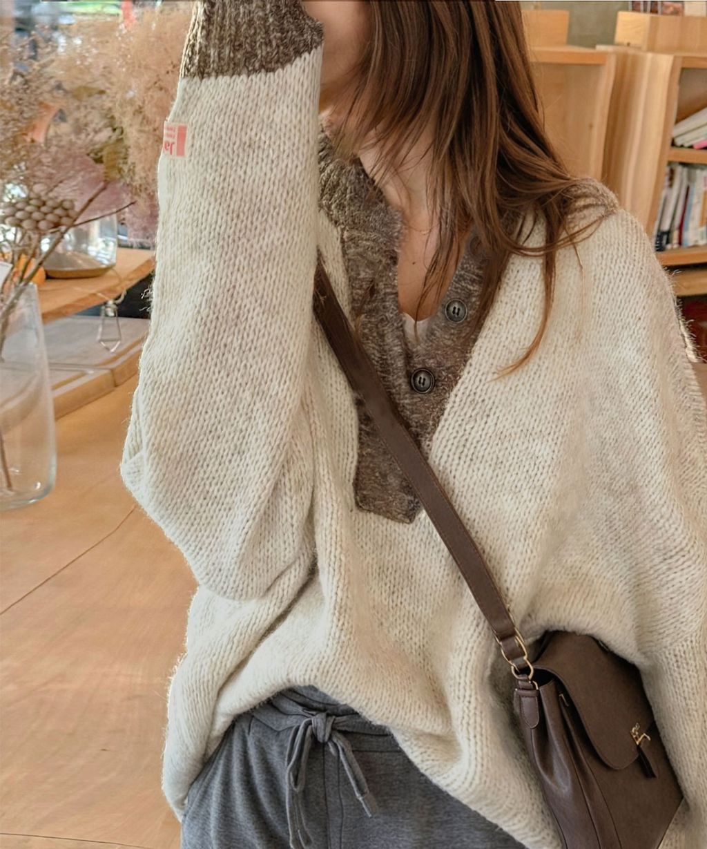 java 前後兩穿復古混紗保暖亨利領針織上衣_33