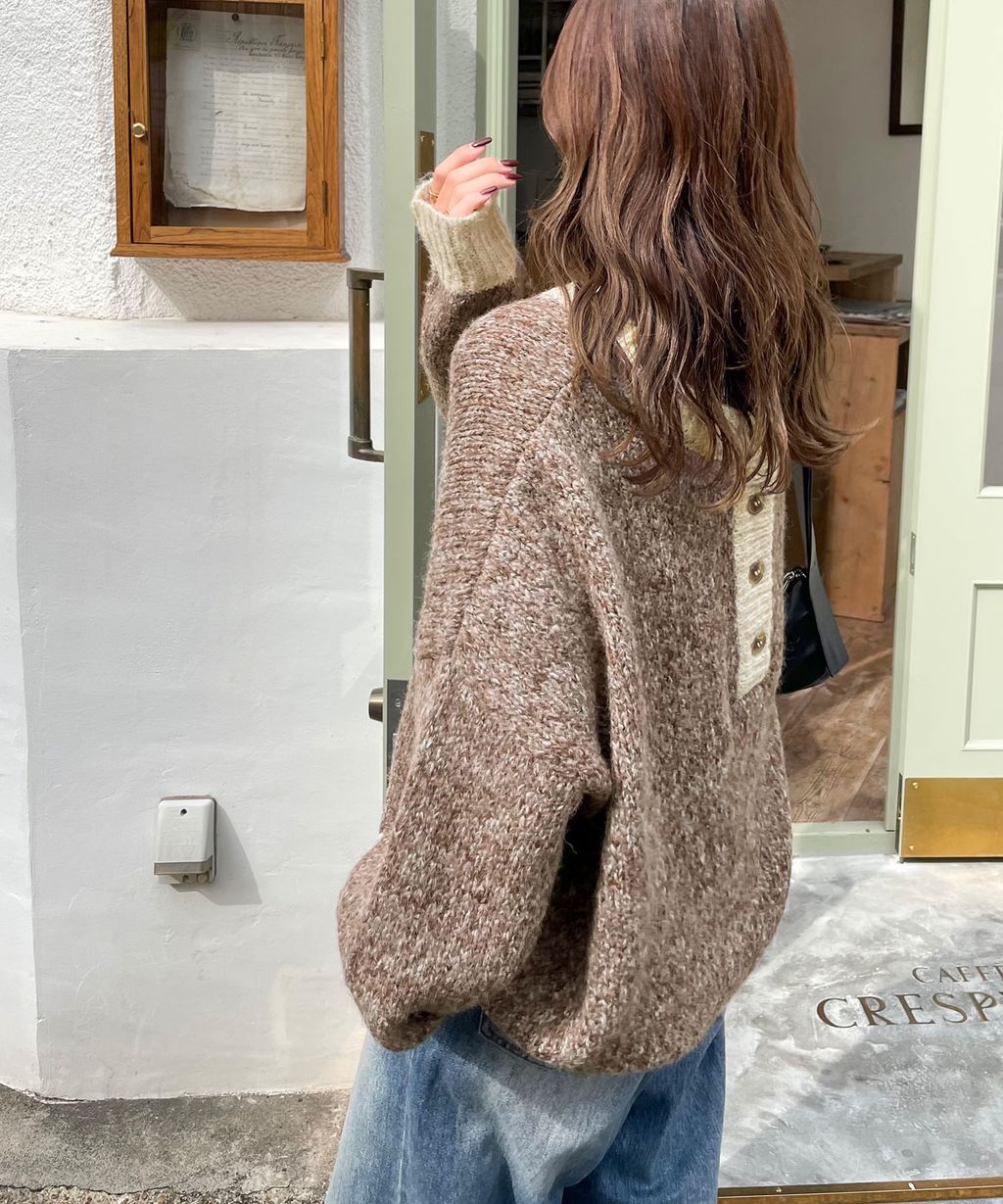 java 前後兩穿復古混紗保暖亨利領針織上衣_30