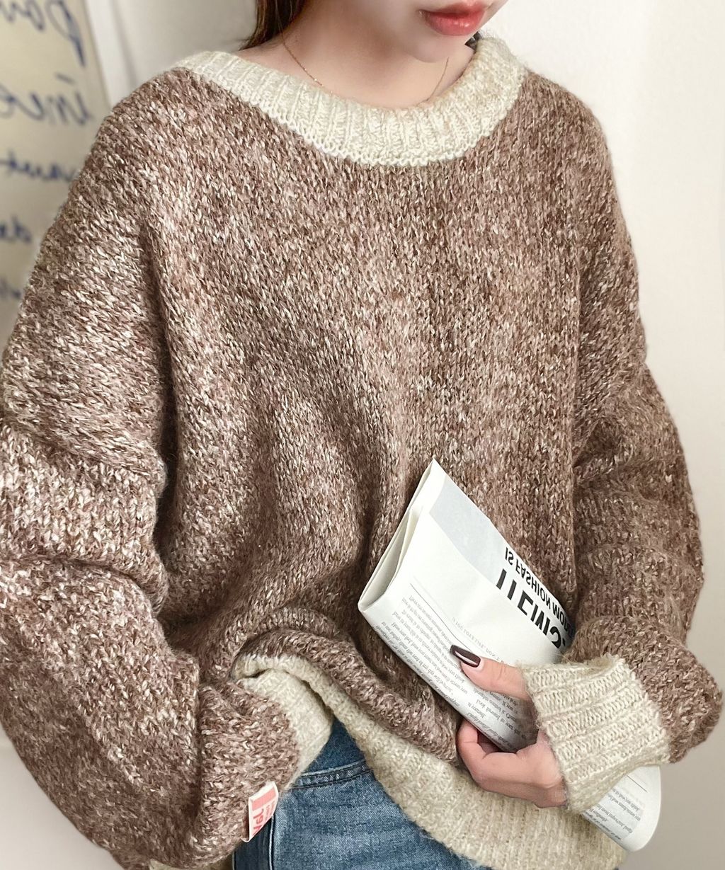 java 前後兩穿復古混紗保暖亨利領針織上衣_31