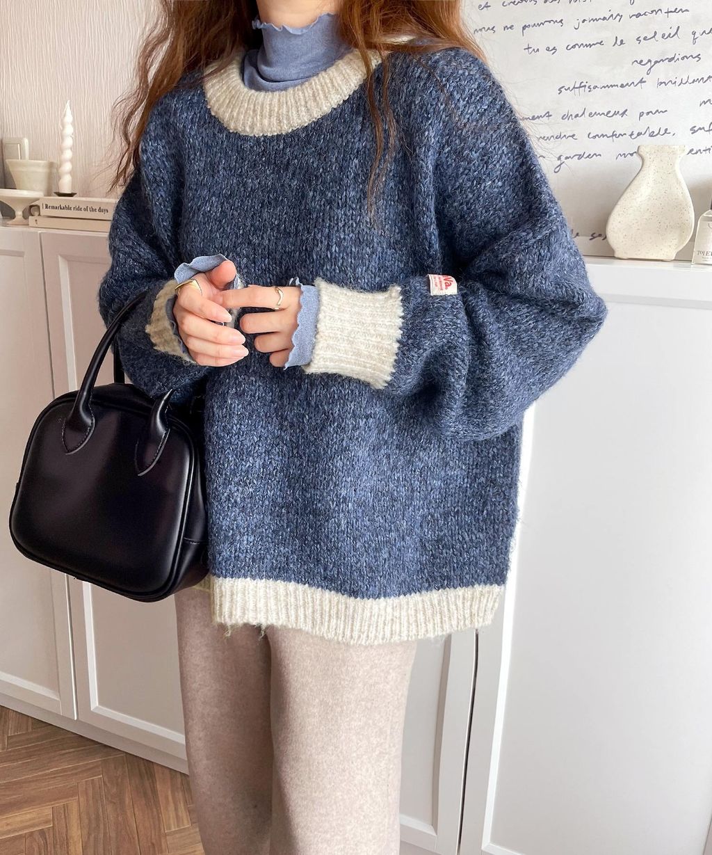 java 前後兩穿復古混紗保暖亨利領針織上衣_17