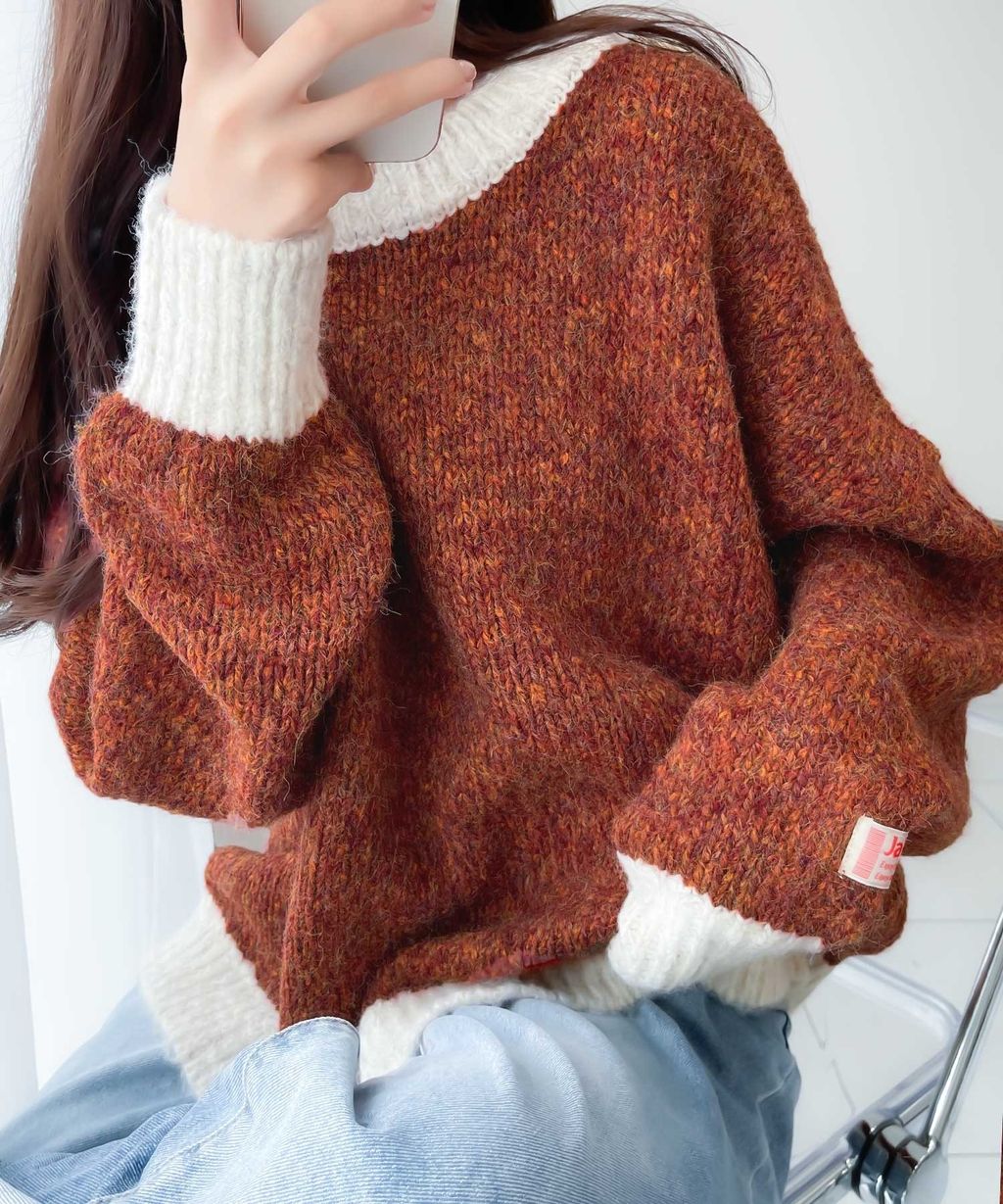 java 前後兩穿復古混紗保暖亨利領針織上衣_23