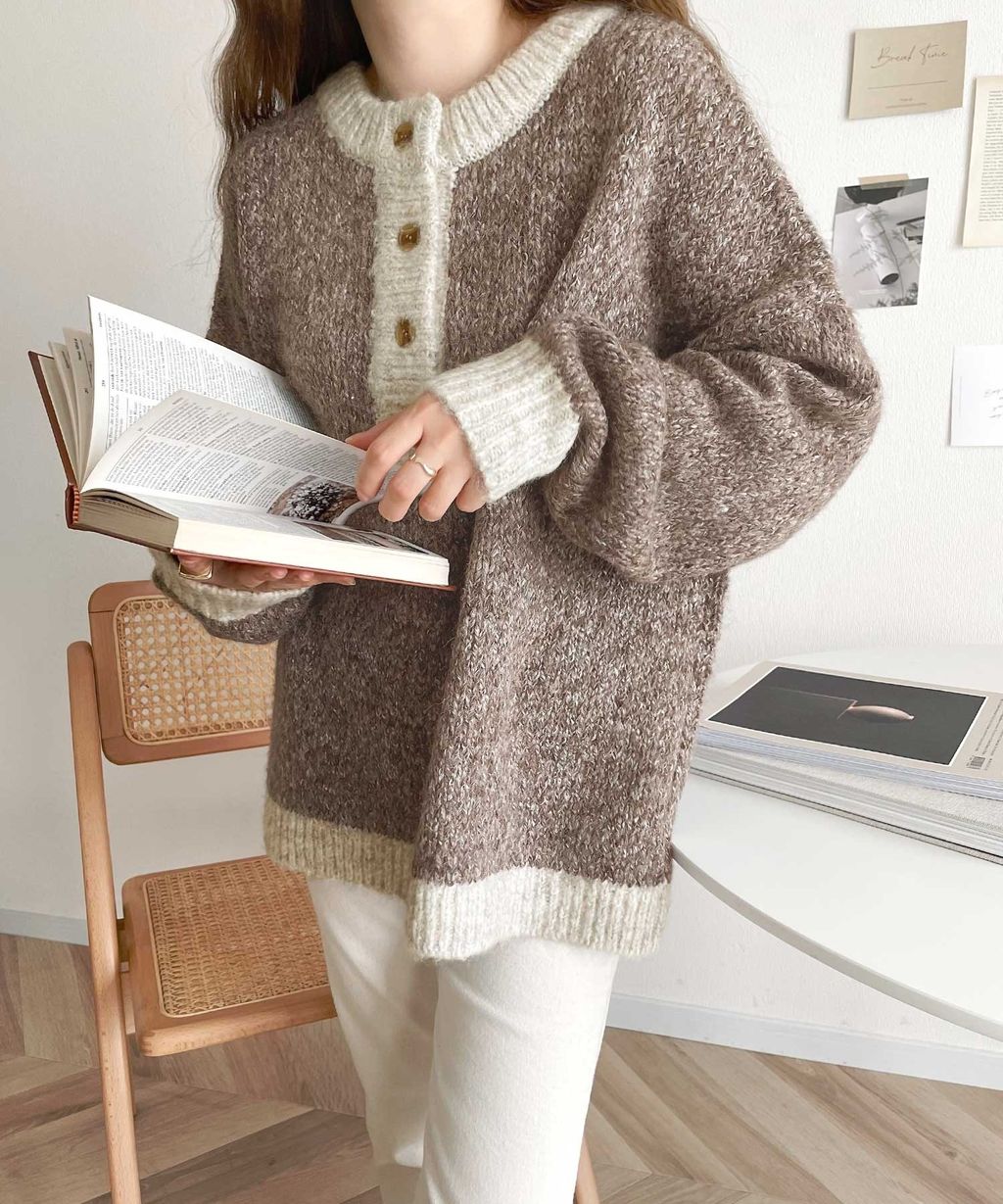 java 前後兩穿復古混紗保暖亨利領針織上衣_20