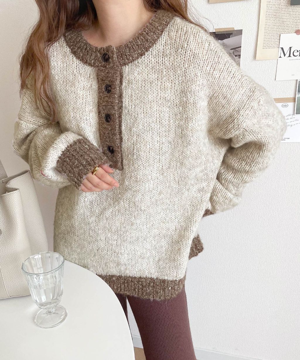 java 前後兩穿復古混紗保暖亨利領針織上衣_10