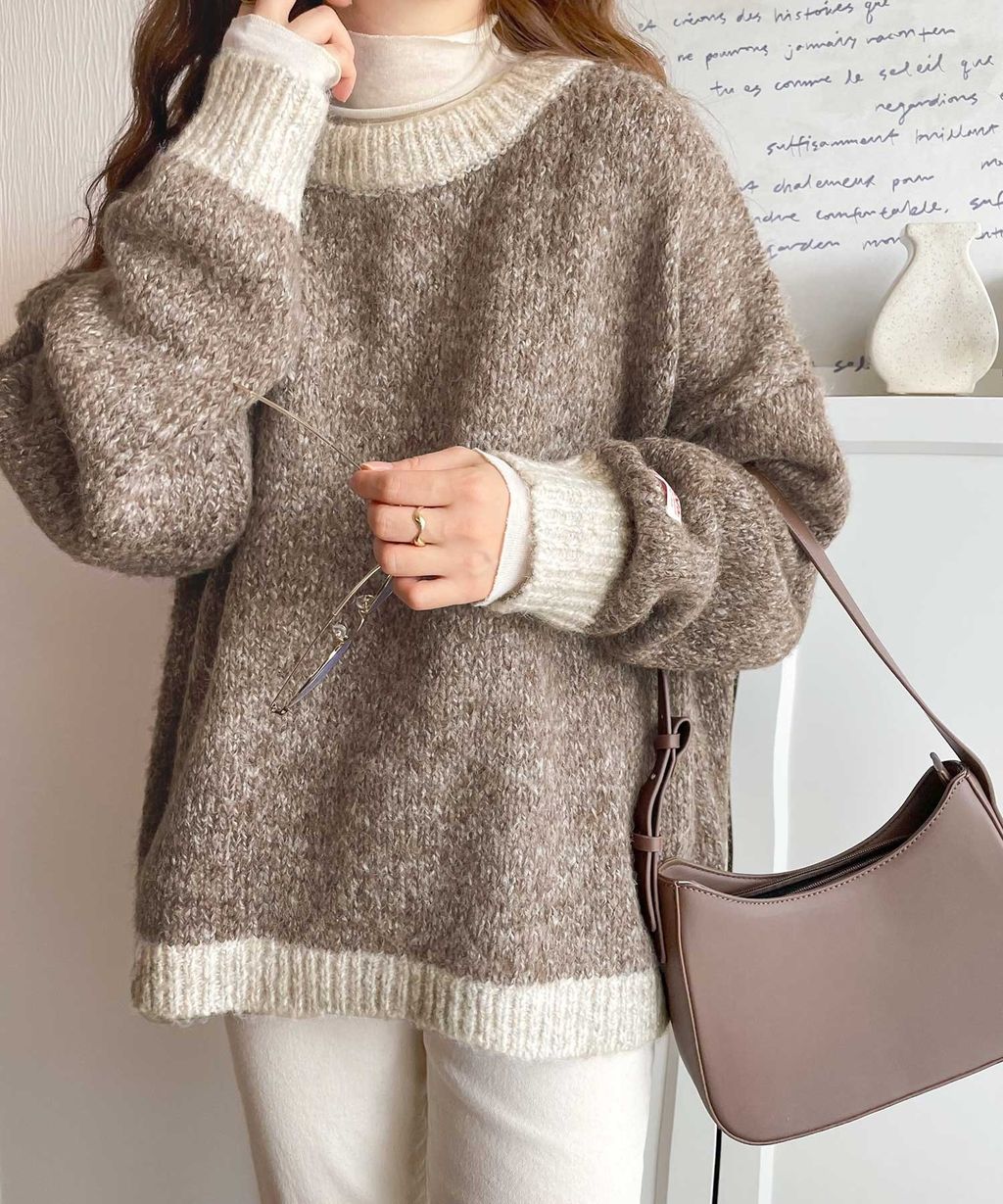 java 前後兩穿復古混紗保暖亨利領針織上衣_18