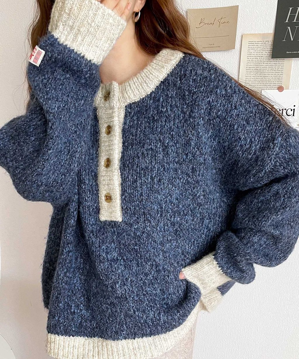 java 前後兩穿復古混紗保暖亨利領針織上衣_16
