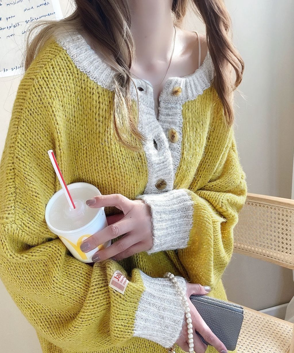 java 前後兩穿復古混紗保暖亨利領針織上衣_28