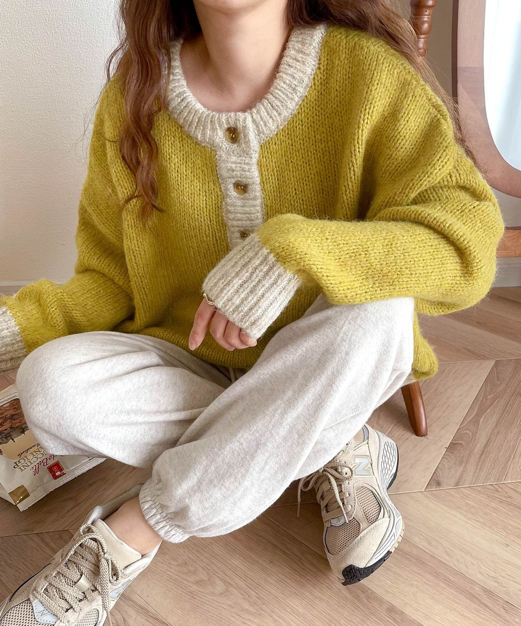 java 前後兩穿復古混紗保暖亨利領針織上衣_12