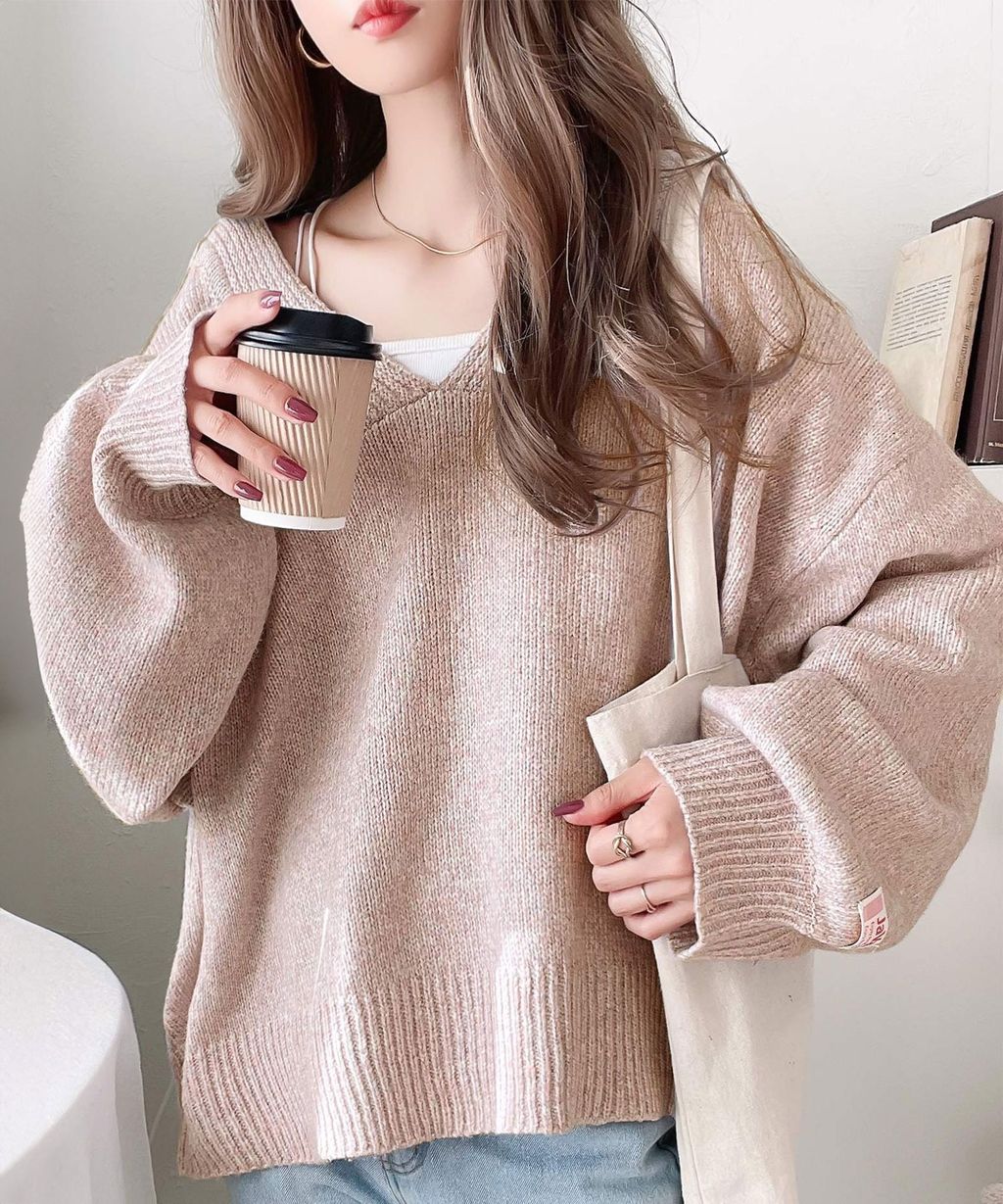 java 柔軟混色深V領針織上衣_3