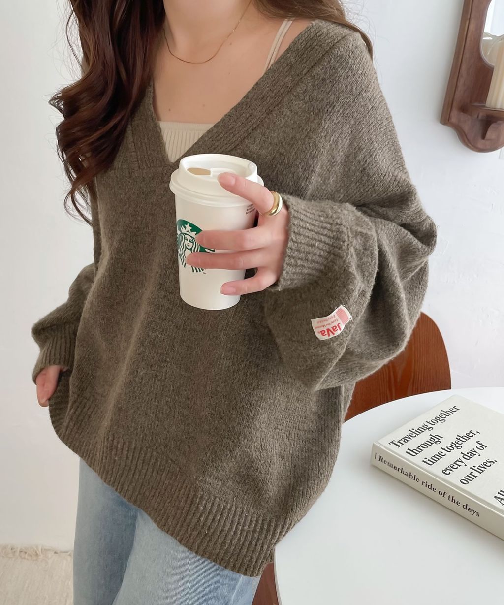 java 柔軟混色深V領針織上衣_7