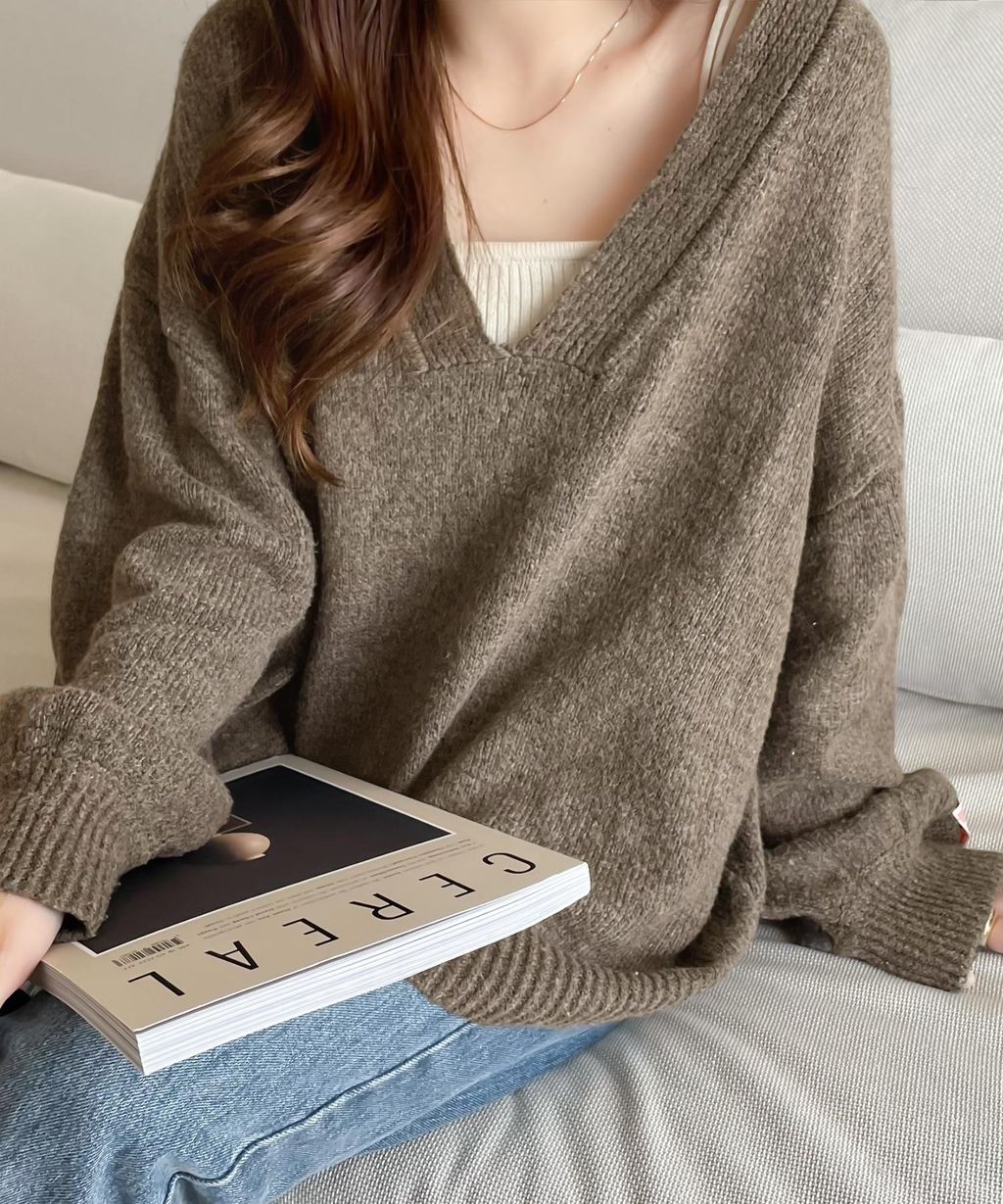 java 柔軟混色深V領針織上衣_8