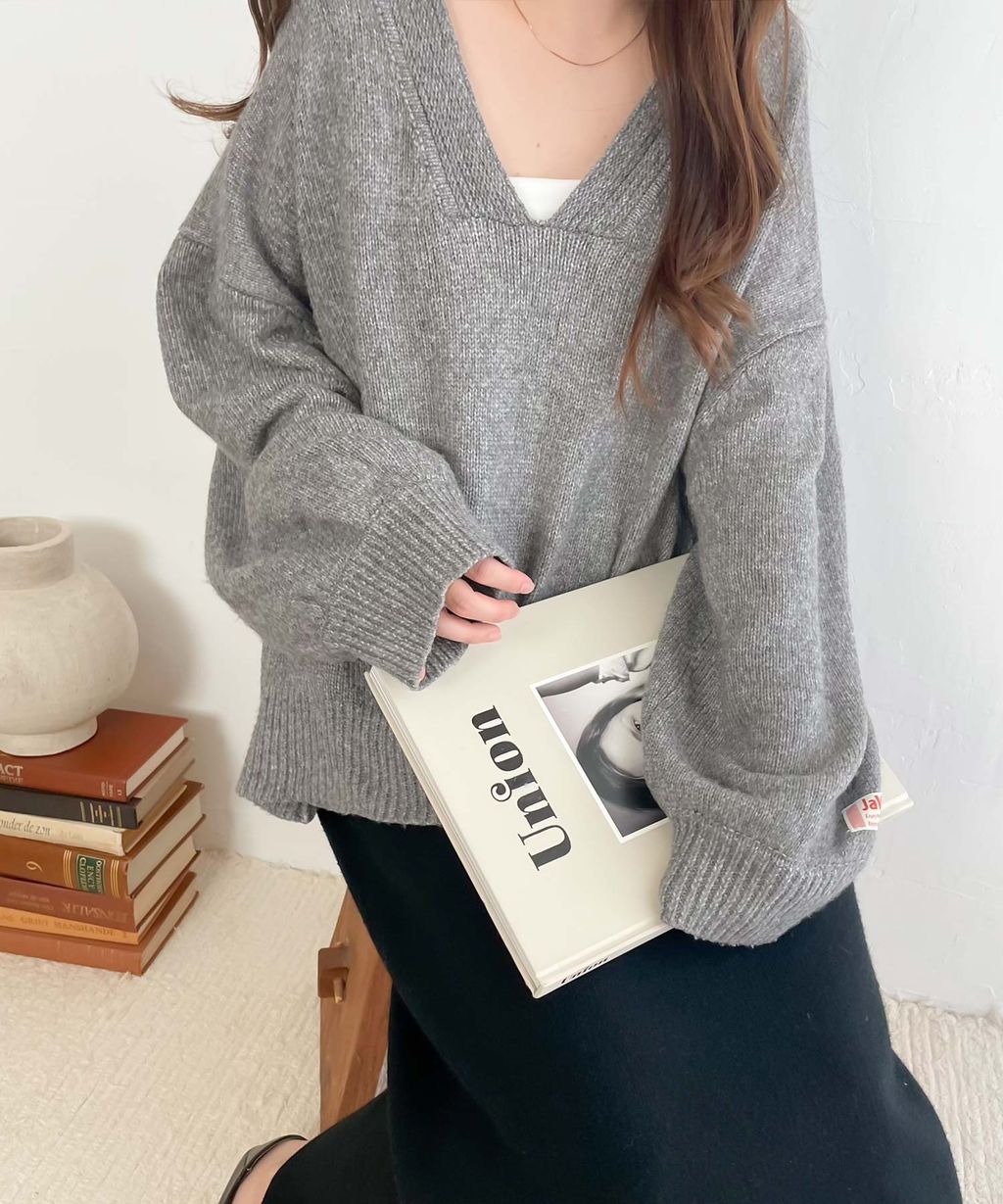 java 柔軟混色深V領針織上衣_11