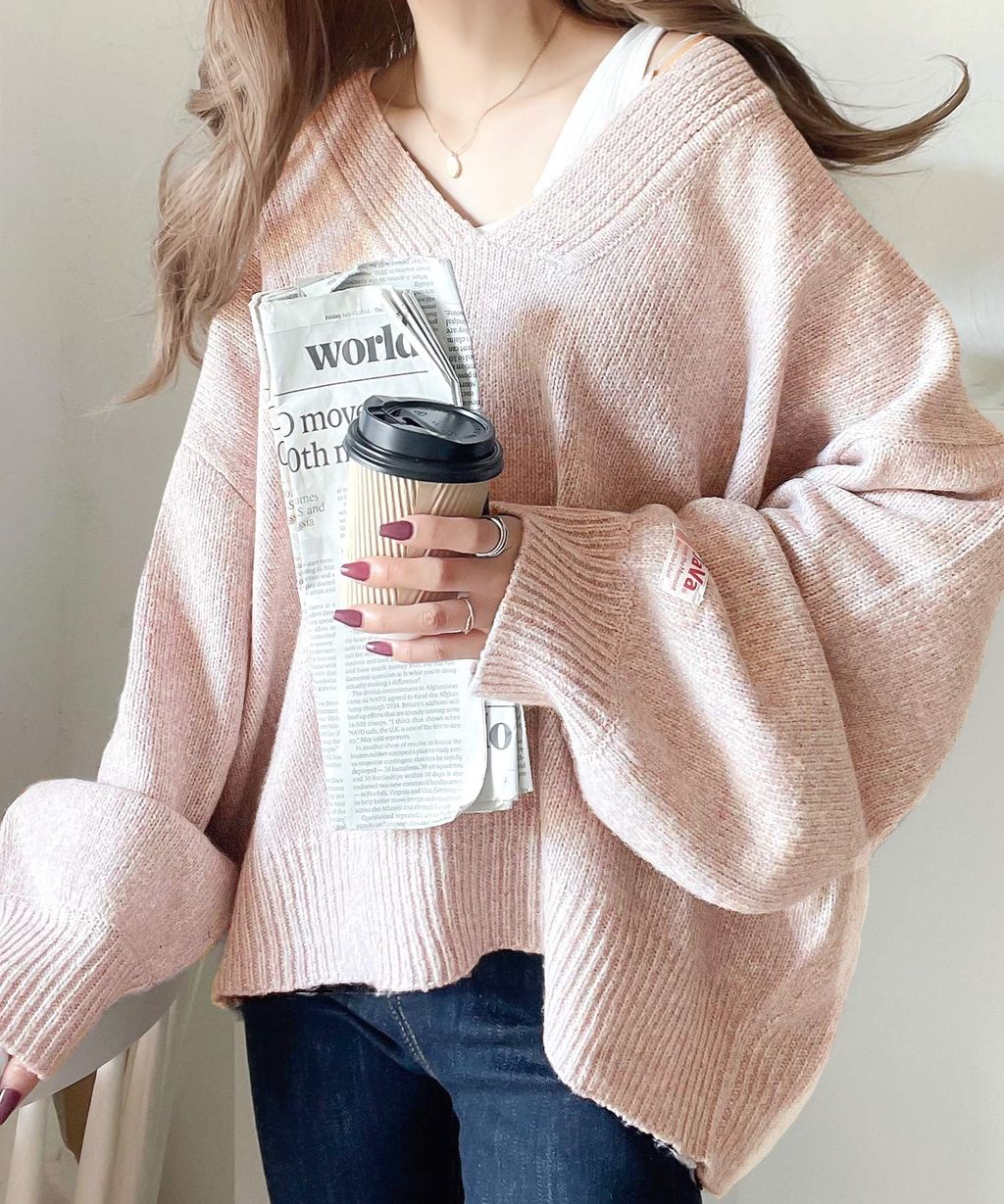 java 柔軟混色深V領針織上衣_23