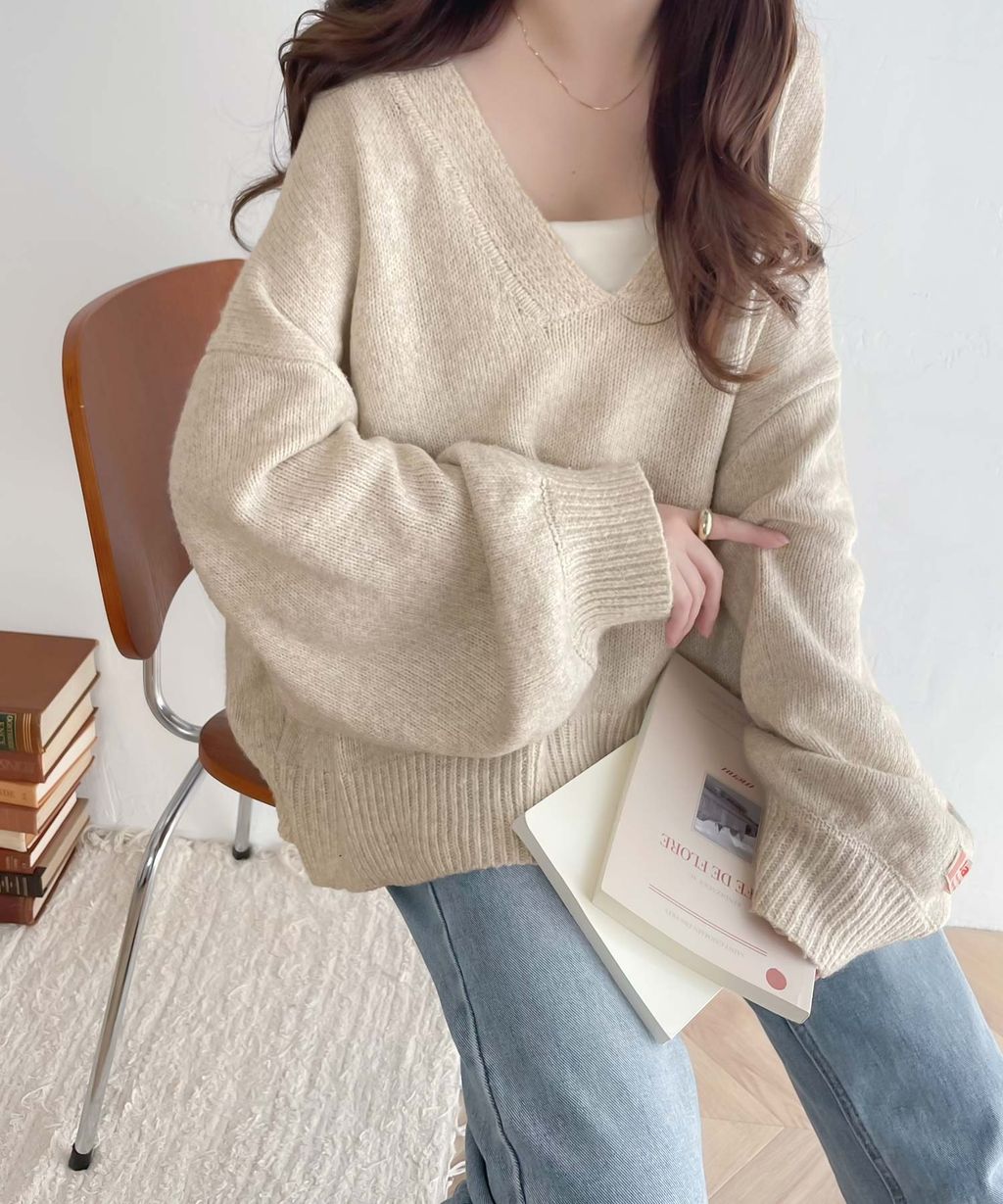 java 柔軟混色深V領針織上衣_15