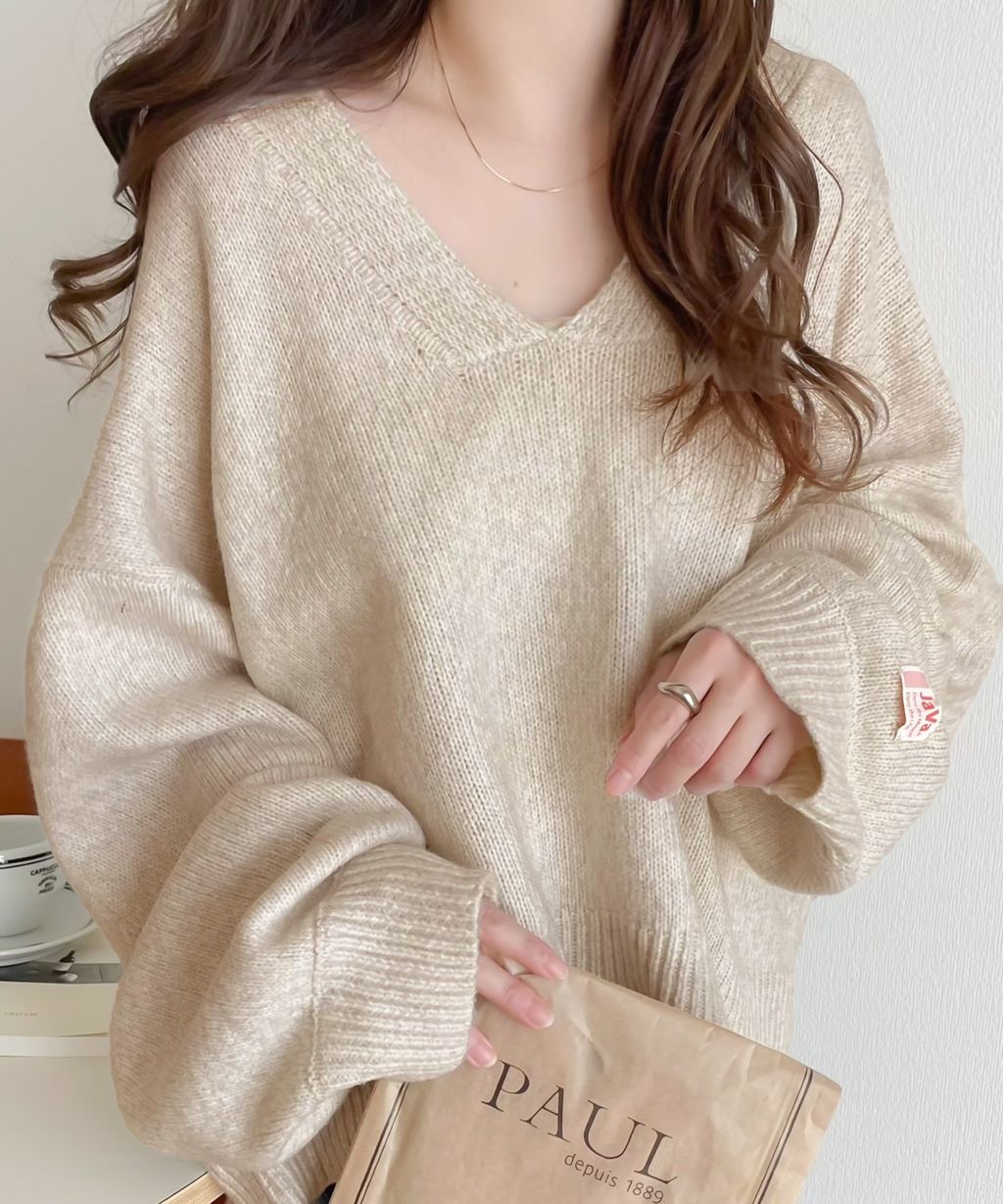 java 柔軟混色深V領針織上衣_14