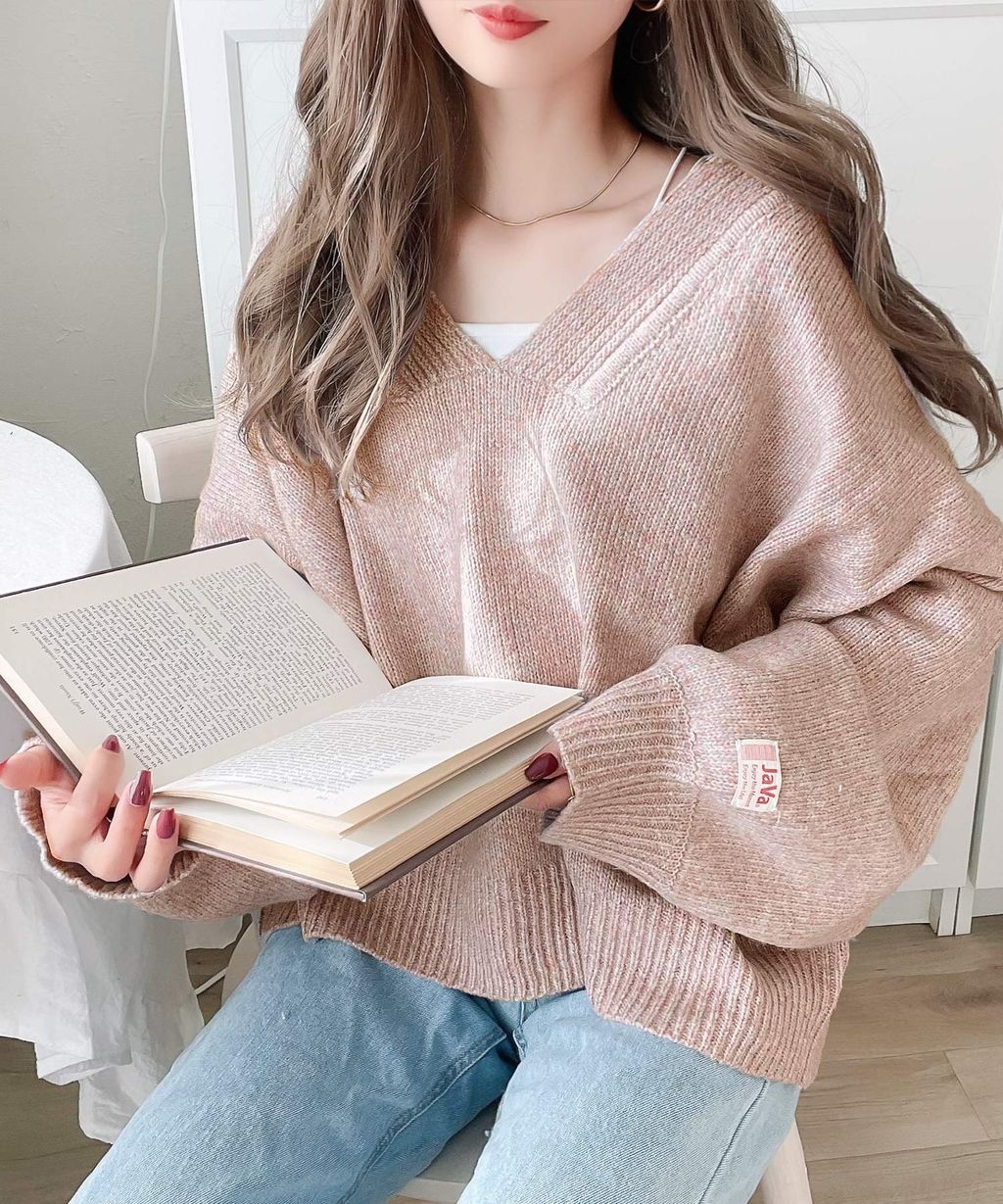 java 柔軟混色深V領針織上衣_20