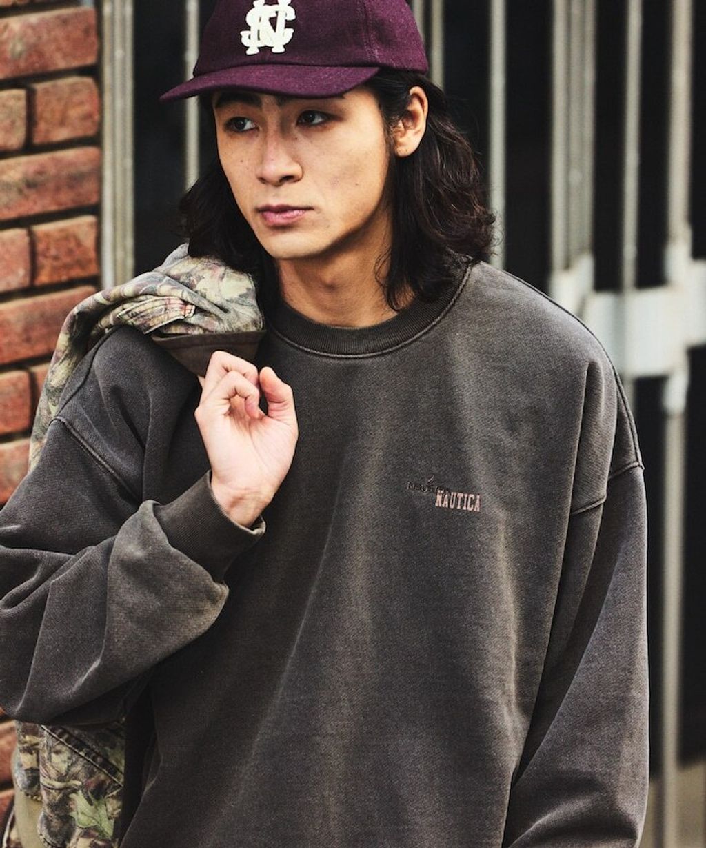 NAUTICA 復古刷色水染HIDDEN LOGO 490g厚磅圓領大學T_5