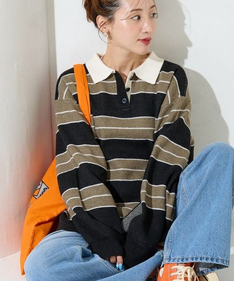 FREAKS STORE 粗條紋寬鬆版型Polo領針織衣_2
