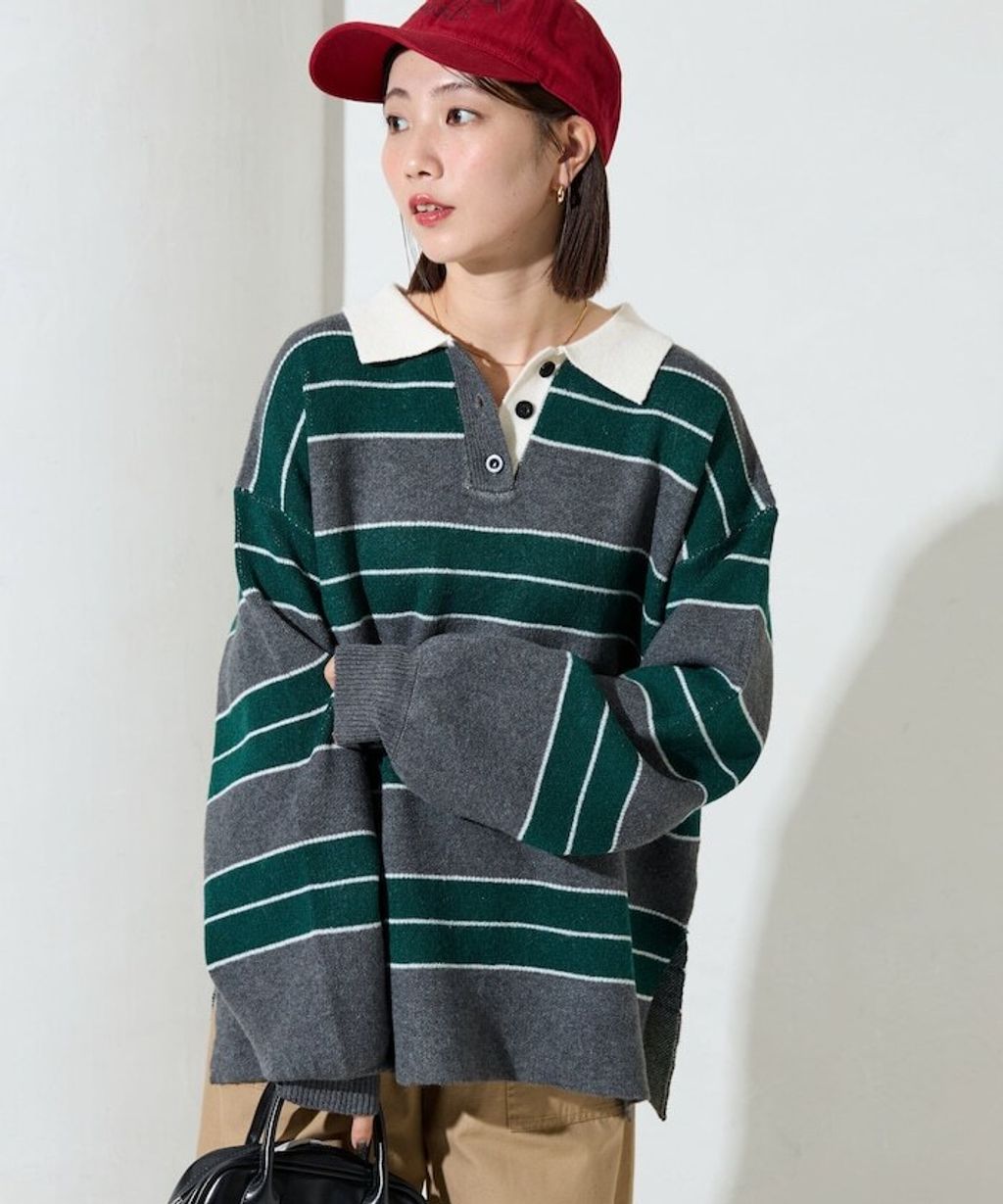 FREAKS STORE 粗條紋寬鬆版型Polo領針織衣_1