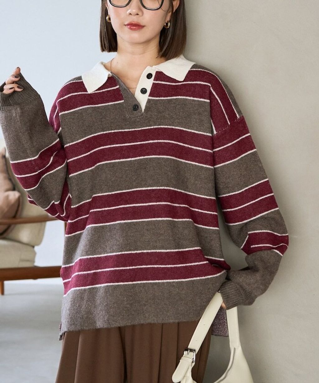 FREAKS STORE 粗條紋寬鬆版型Polo領針織衣_3