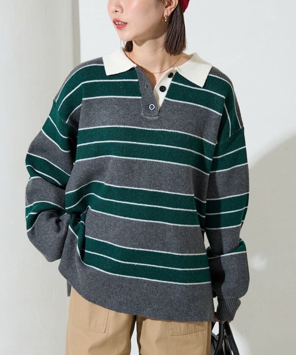 FREAKS STORE 粗條紋寬鬆版型Polo領針織衣_7