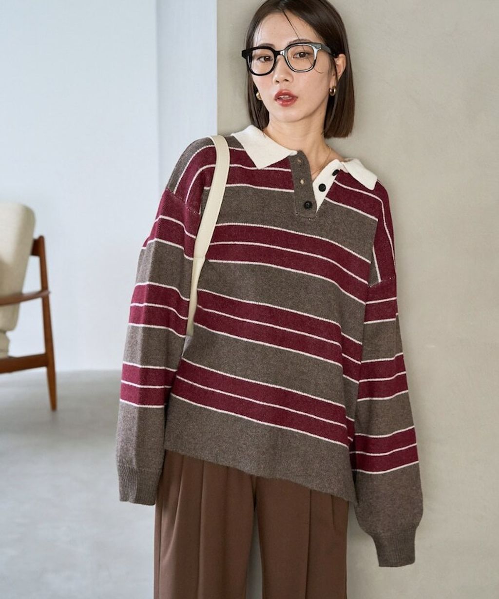 FREAKS STORE 粗條紋寬鬆版型Polo領針織衣_13