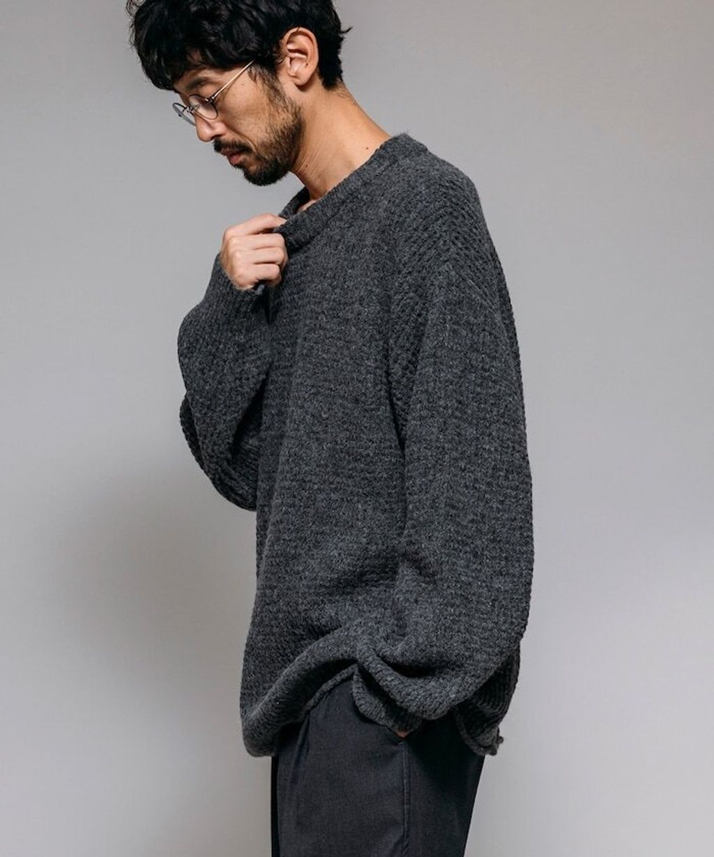 FREAKS STORE 寬版羊毛混纖華夫格高磅圓領針織衫_8