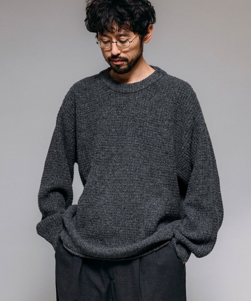 FREAKS STORE 寬版羊毛混纖華夫格高磅圓領針織衫_6