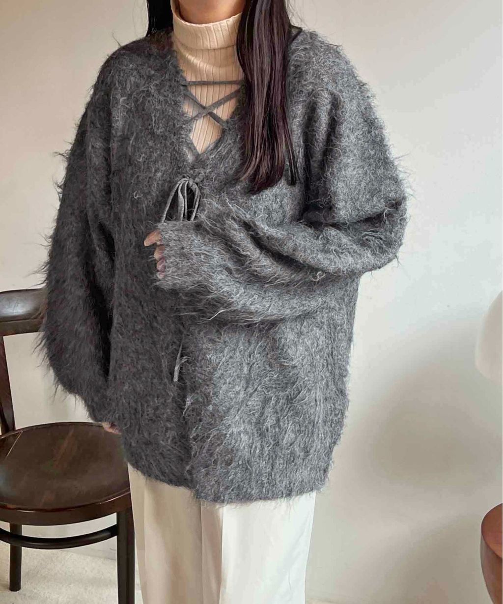 apres jour clair 2WAY毛絨感蕾絲綁帶針織開襟外套_5