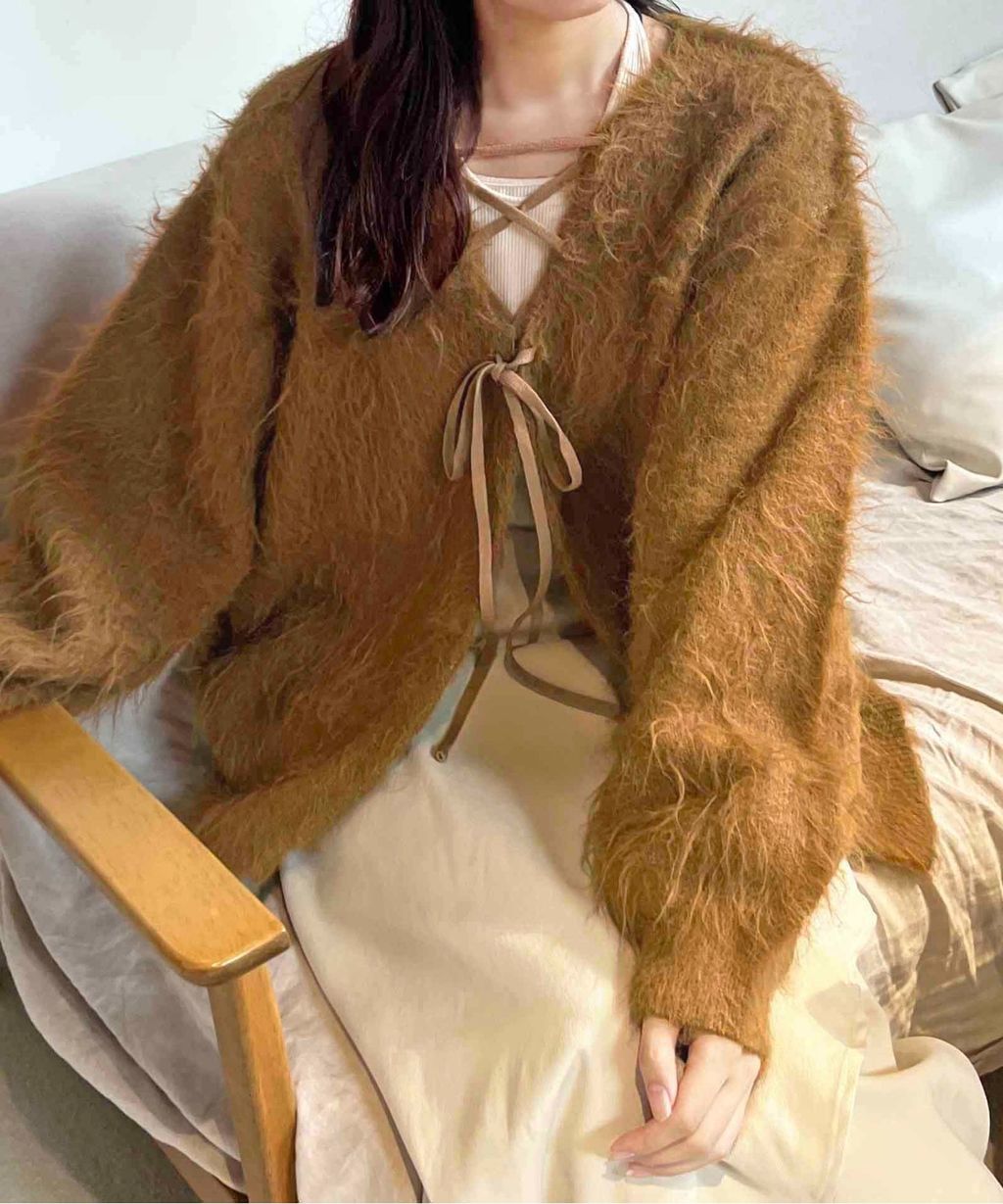 apres jour clair 2WAY毛絨感蕾絲綁帶針織開襟外套_3