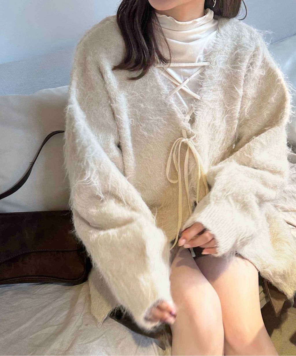 apres jour clair 2WAY毛絨感蕾絲綁帶針織開襟外套_10