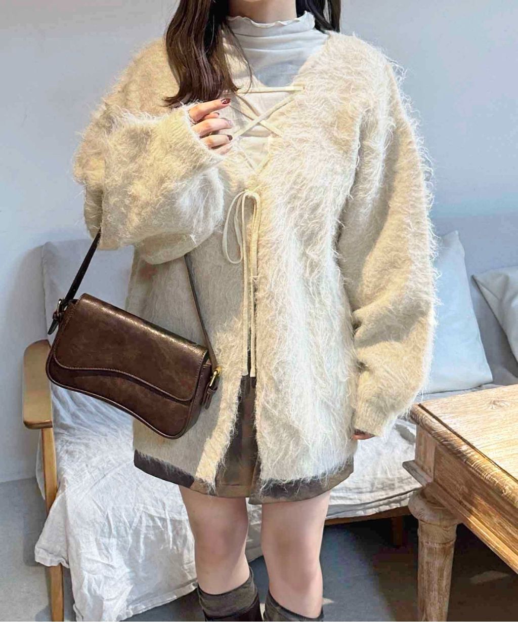 apres jour clair 2WAY毛絨感蕾絲綁帶針織開襟外套_7