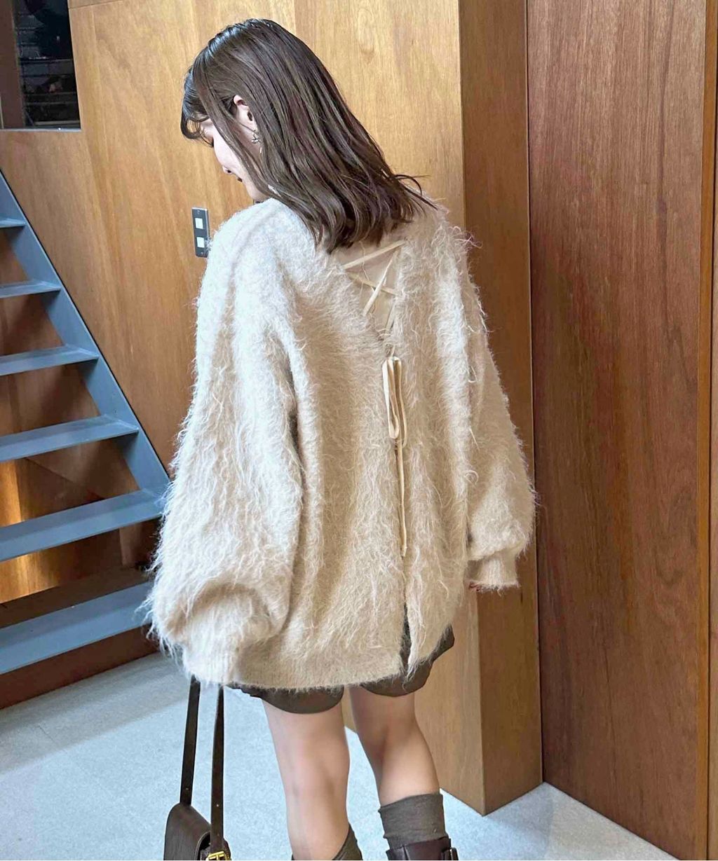 apres jour clair 2WAY毛絨感蕾絲綁帶針織開襟外套_11