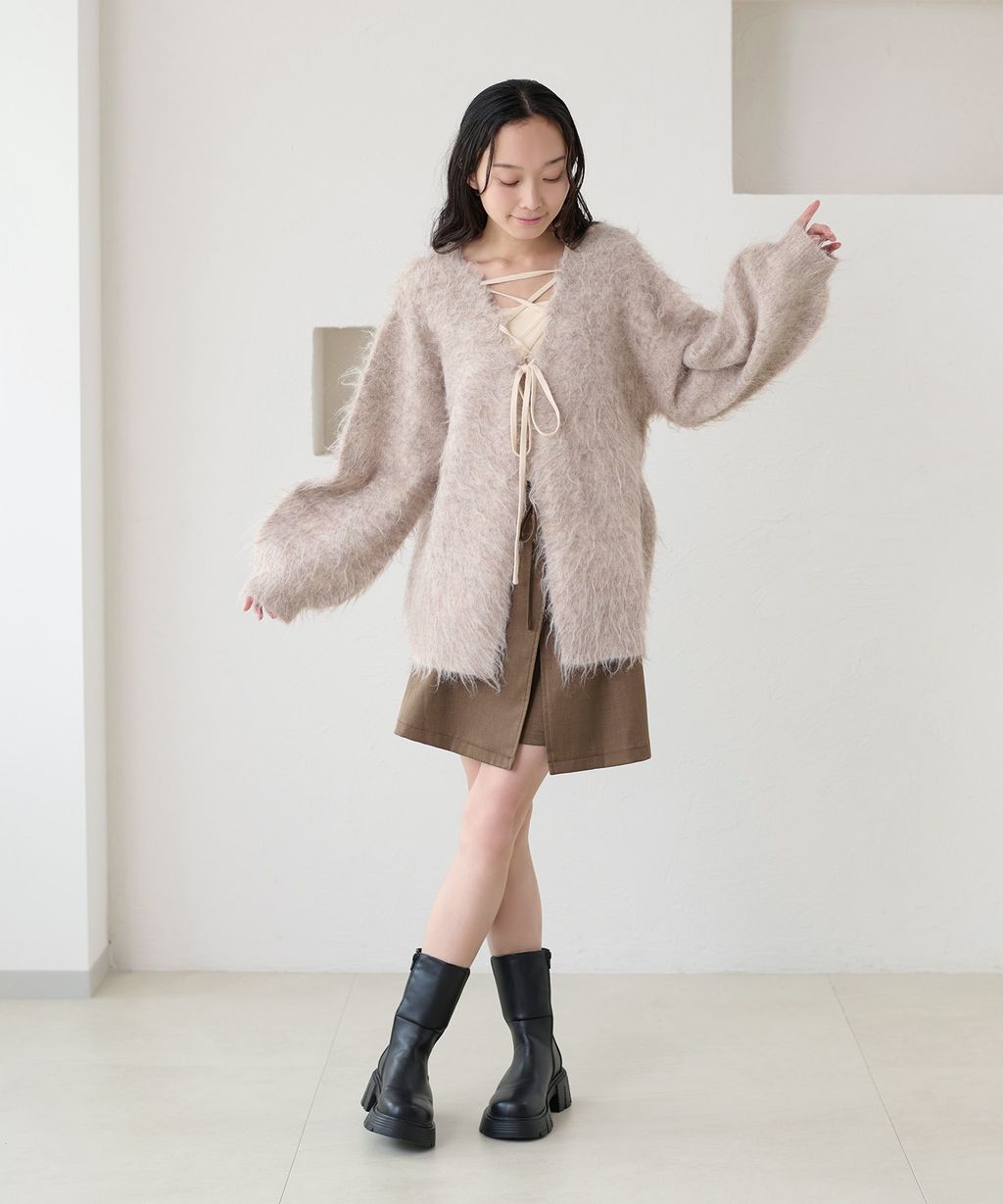 apres jour clair 2WAY毛絨感蕾絲綁帶針織開襟外套_100