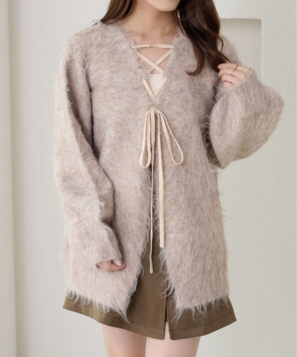 apres jour clair 2WAY毛絨感蕾絲綁帶針織開襟外套_101