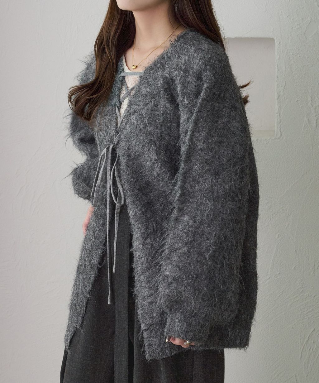 apres jour clair 2WAY毛絨感蕾絲綁帶針織開襟外套_75