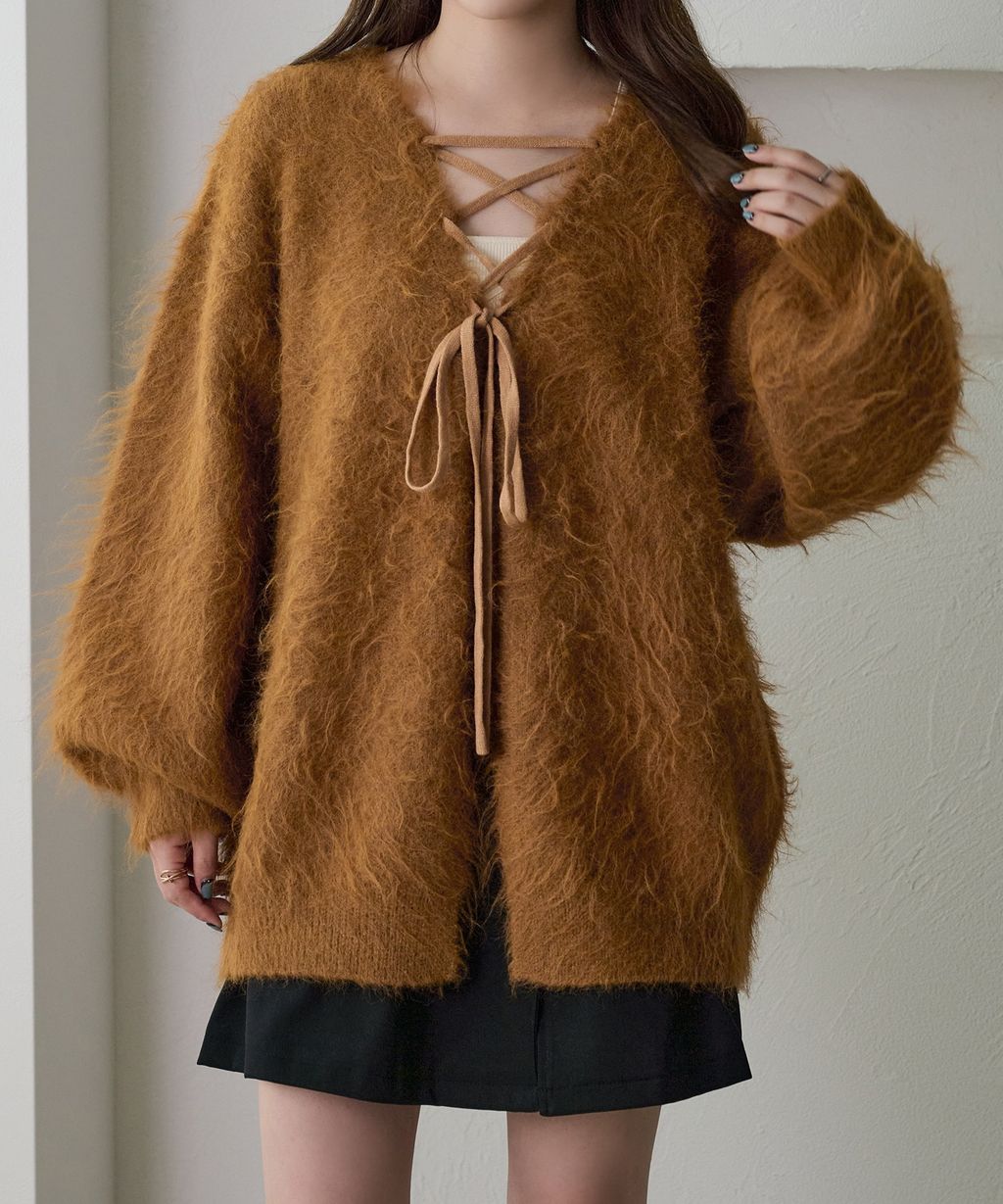 apres jour clair 2WAY毛絨感蕾絲綁帶針織開襟外套_65