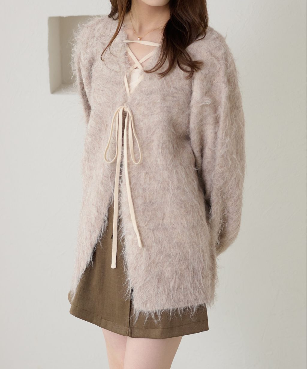 apres jour clair 2WAY毛絨感蕾絲綁帶針織開襟外套_17