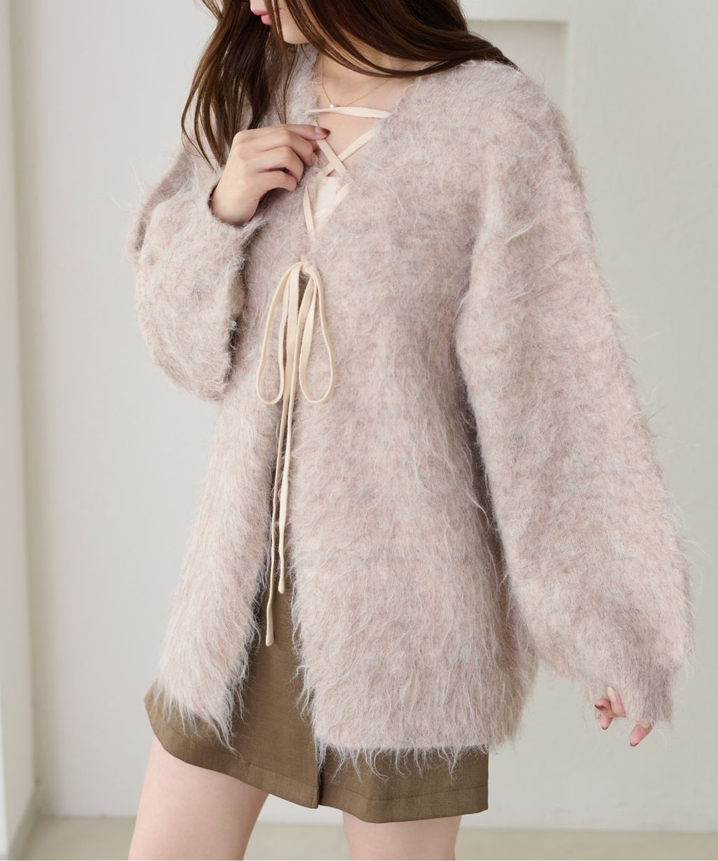 apres jour clair 2WAY毛絨感蕾絲綁帶針織開襟外套_15