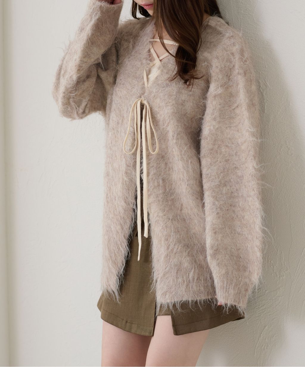 apres jour clair 2WAY毛絨感蕾絲綁帶針織開襟外套_20