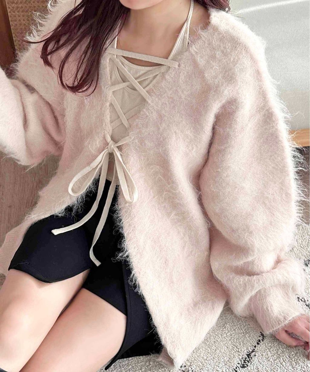 apres jour clair 2WAY毛絨感蕾絲綁帶針織開襟外套_33