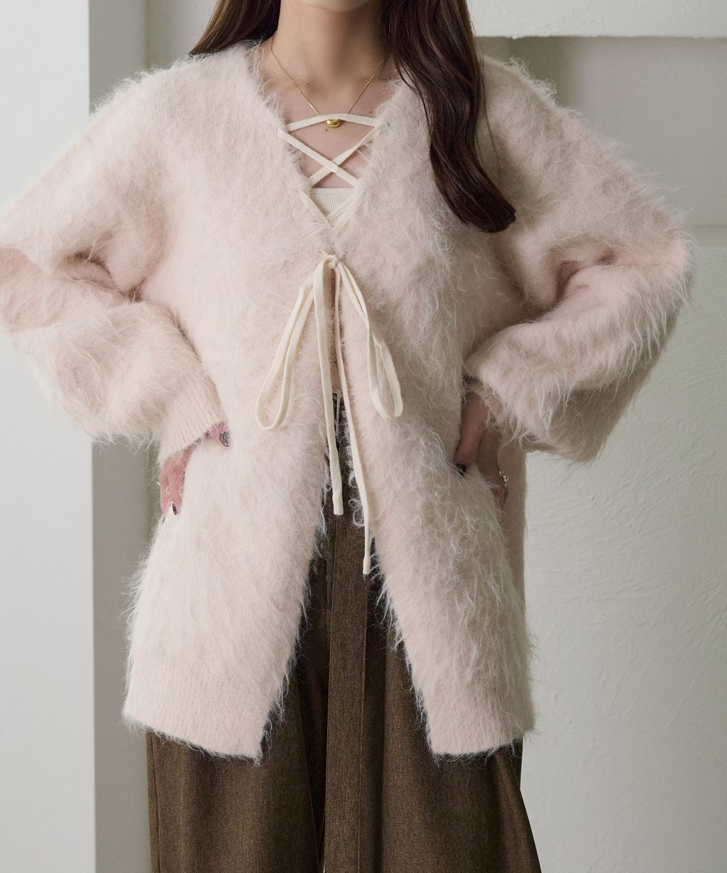 apres jour clair 2WAY毛絨感蕾絲綁帶針織開襟外套_78