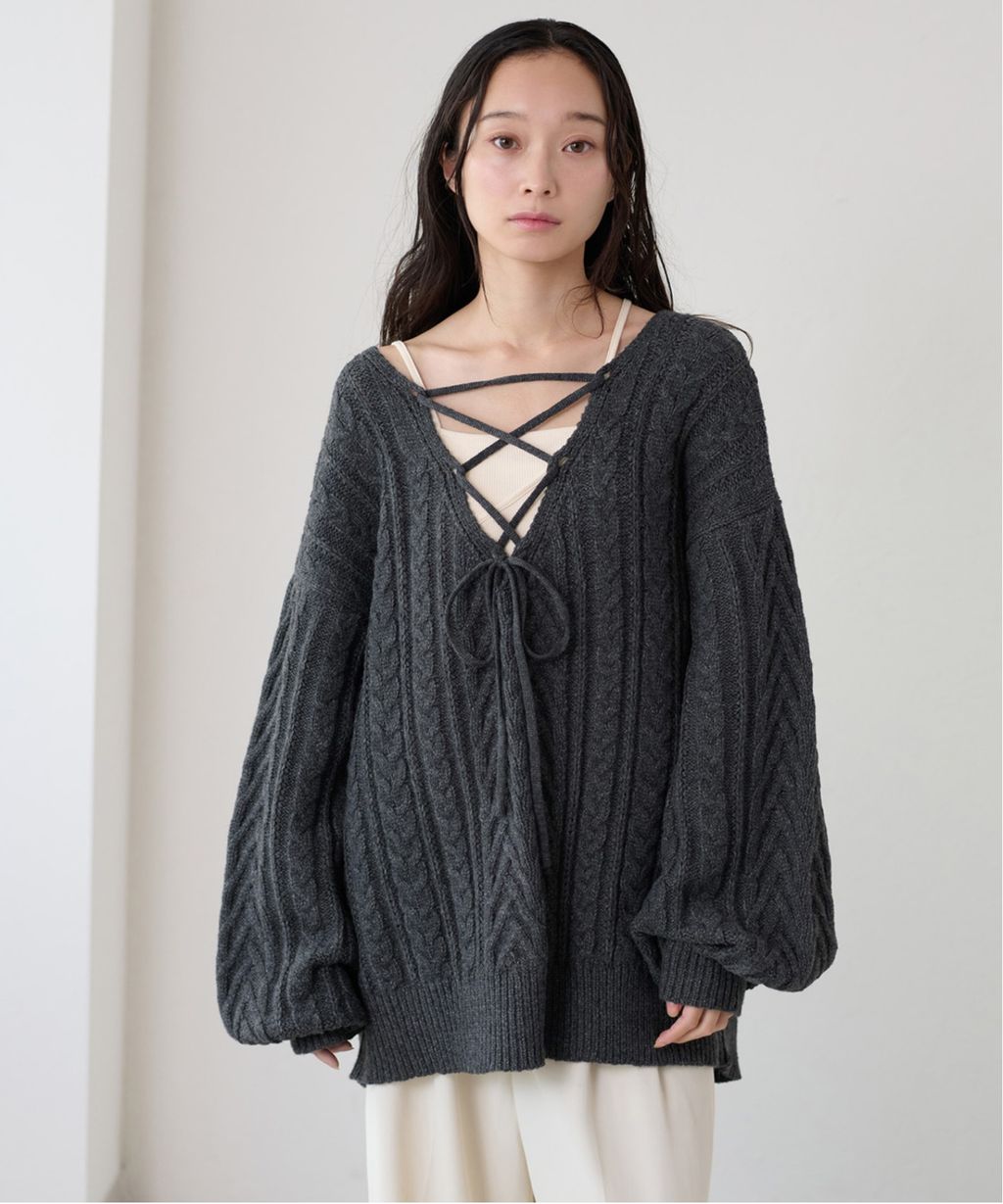 apres jour clair 2WAY蕾絲綁帶麻花編織上衣_2