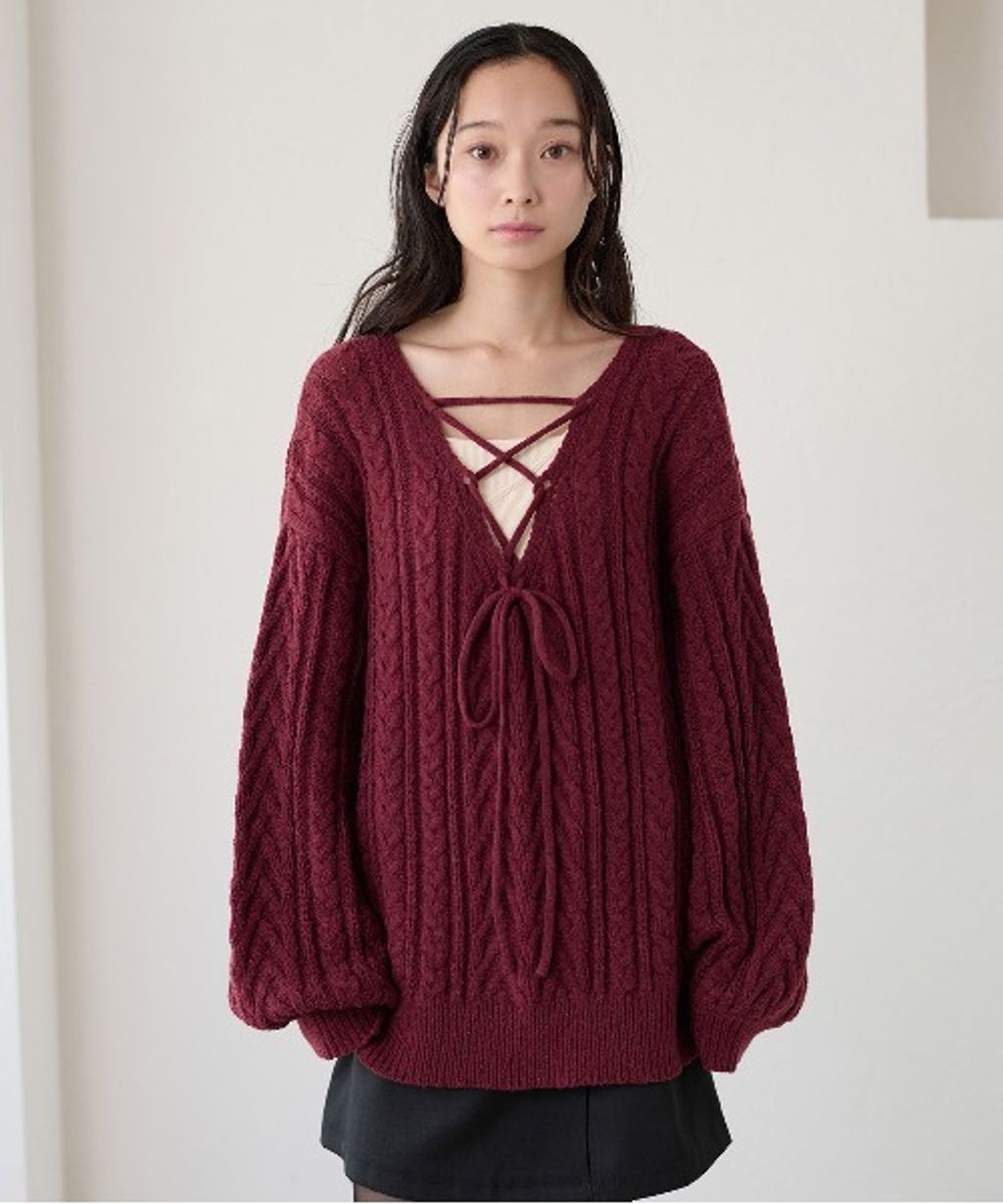 apres jour clair 2WAY蕾絲綁帶麻花編織上衣_4