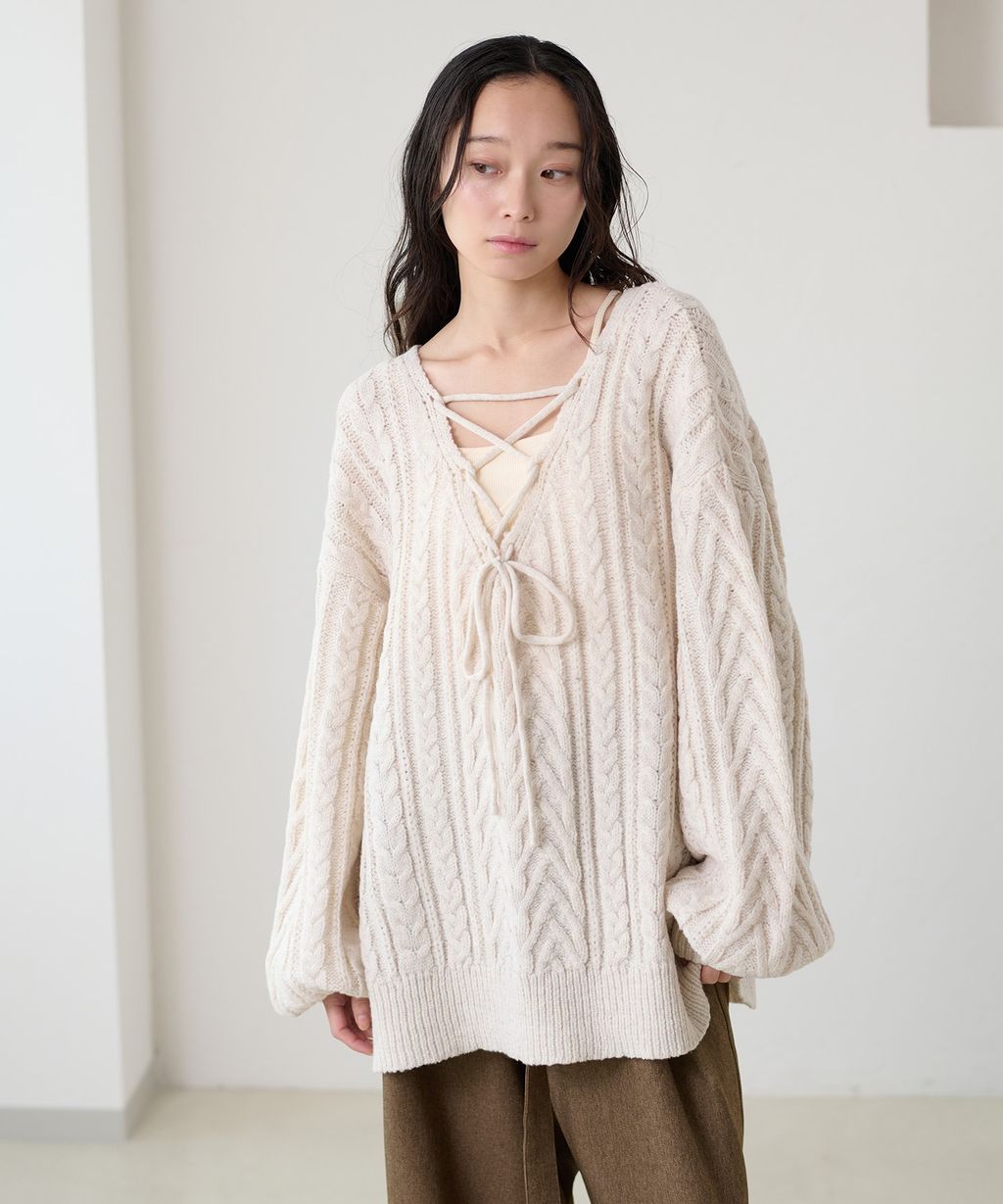 apres jour clair 2WAY蕾絲綁帶麻花編織上衣_3