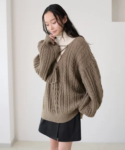 apres jour clair 2WAY蕾絲綁帶麻花編織上衣_1