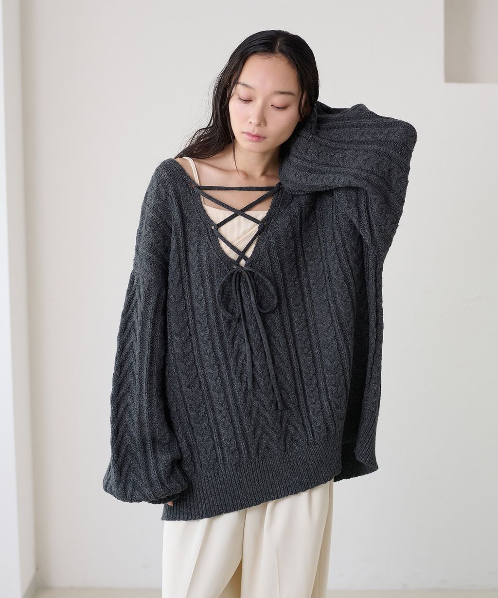 apres jour clair 2WAY蕾絲綁帶麻花編織上衣_5