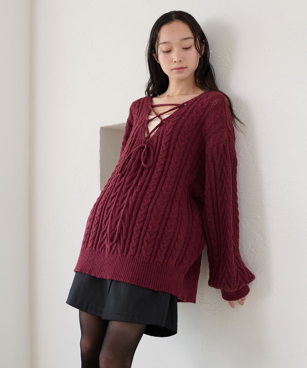 apres jour clair 2WAY蕾絲綁帶麻花編織上衣_50