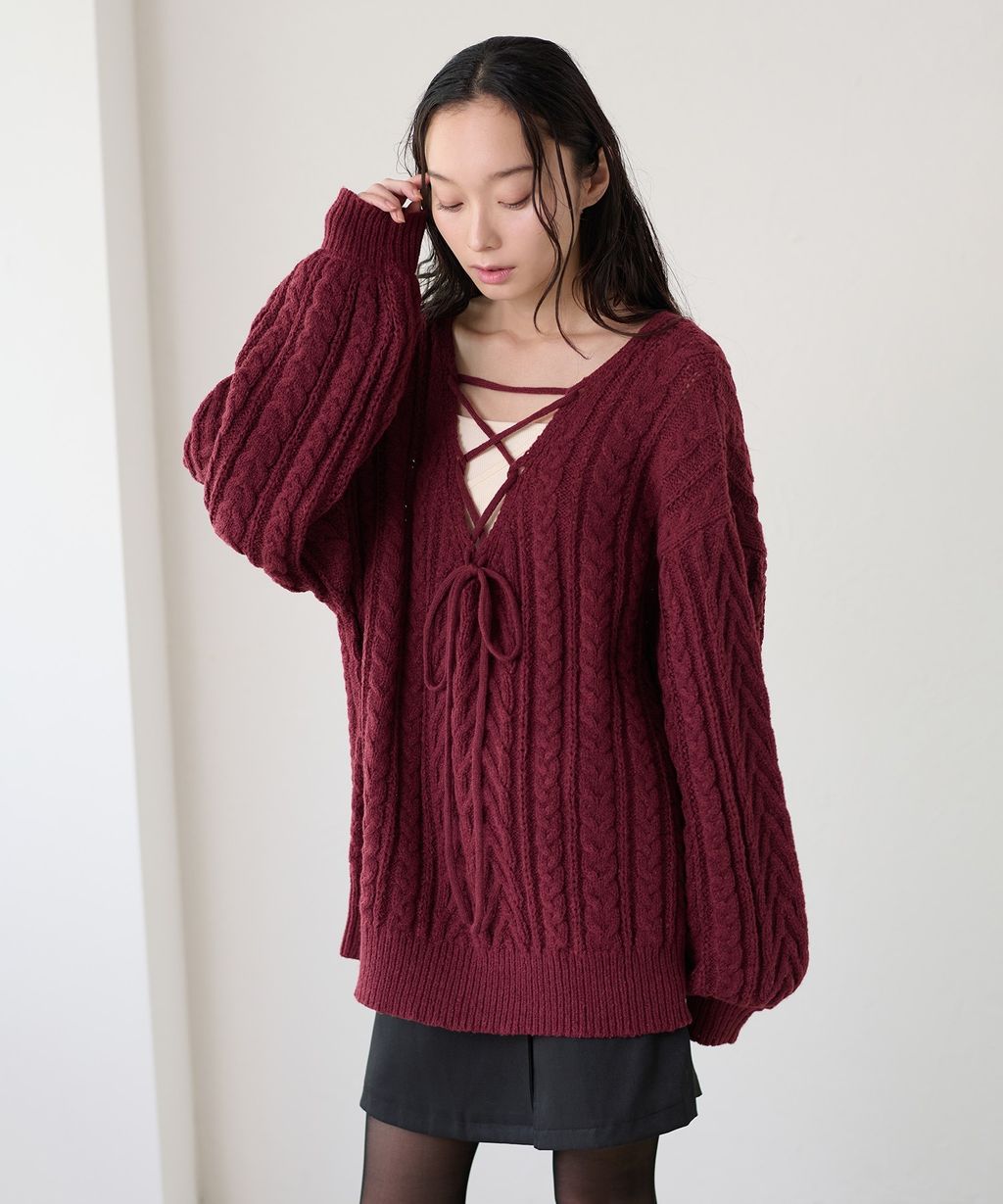 apres jour clair 2WAY蕾絲綁帶麻花編織上衣_49