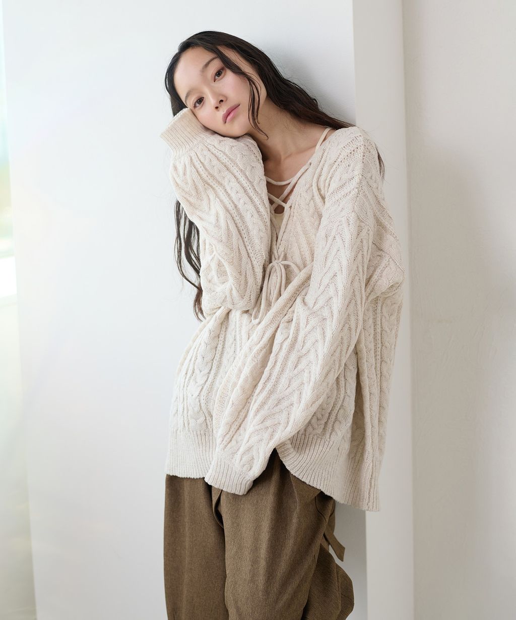 apres jour clair 2WAY蕾絲綁帶麻花編織上衣_15